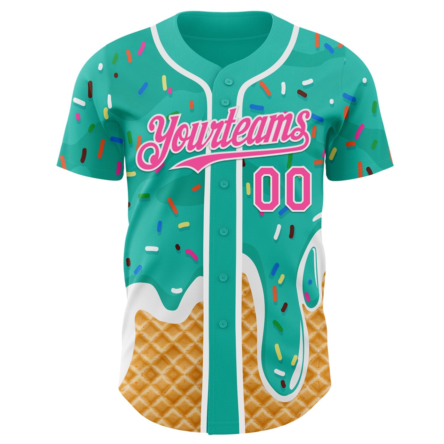 Custom Aqua Pink-White Ice Cream Waffle Foodie Dessert Authentic Baseball Jersey view 2