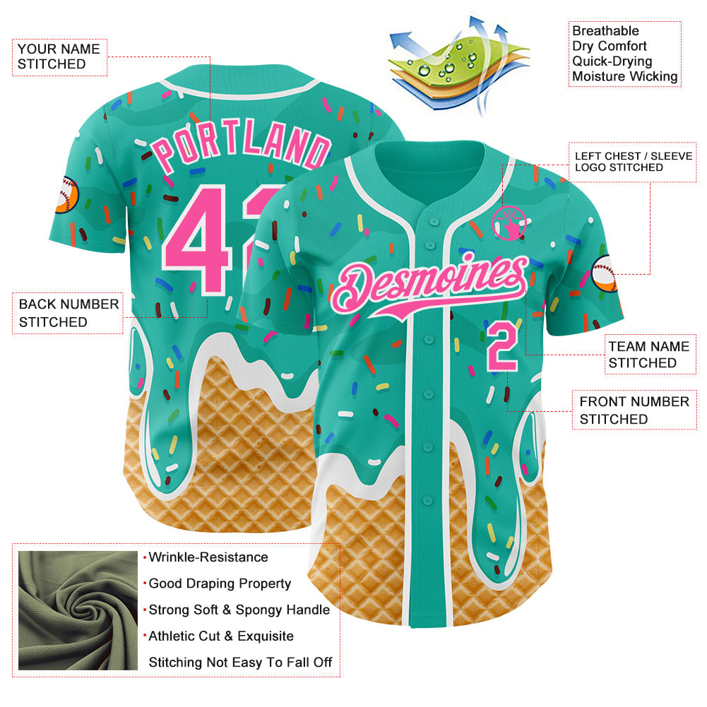 Custom Aqua Pink-White Ice Cream Waffle Foodie Dessert Authentic Baseball Jersey view 3