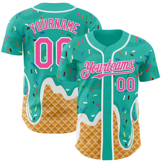 Custom Aqua Pink-White Ice Cream Waffle Foodie Dessert Authentic Baseball Jersey - Main View