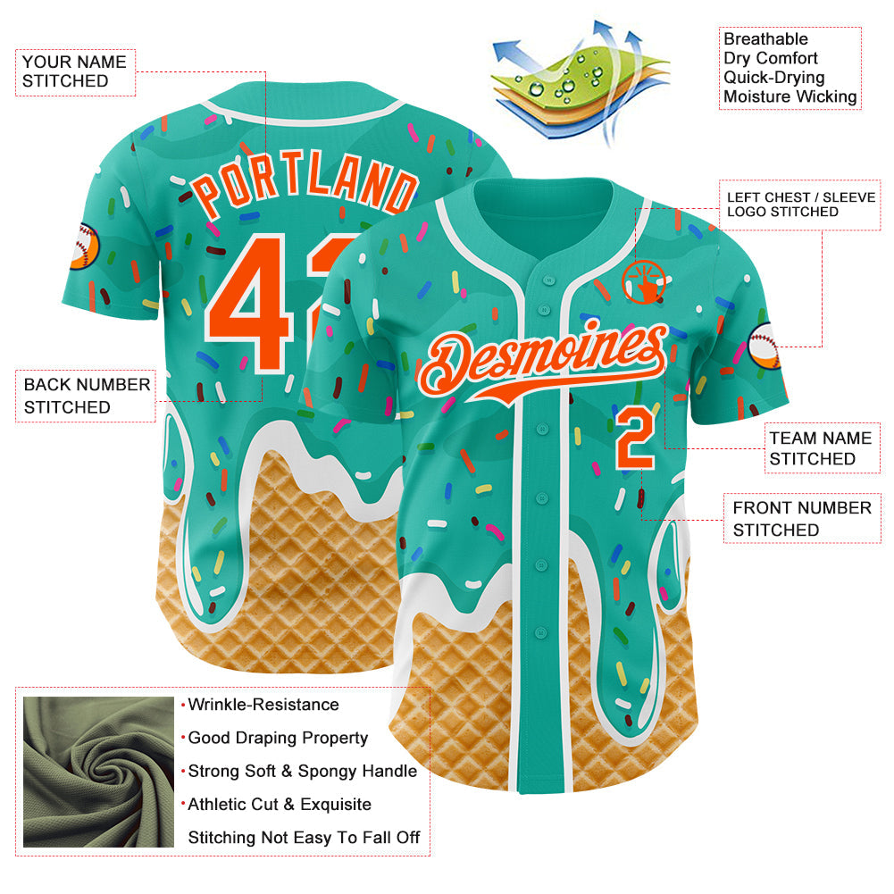 Custom Aqua Orange-White Ice Cream Waffle Foodie Dessert Authentic Baseball Jersey view 3