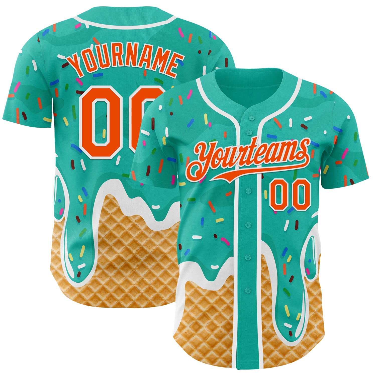 Custom Aqua Orange-White Ice Cream Waffle Foodie Dessert Authentic Baseball Jersey - Main View