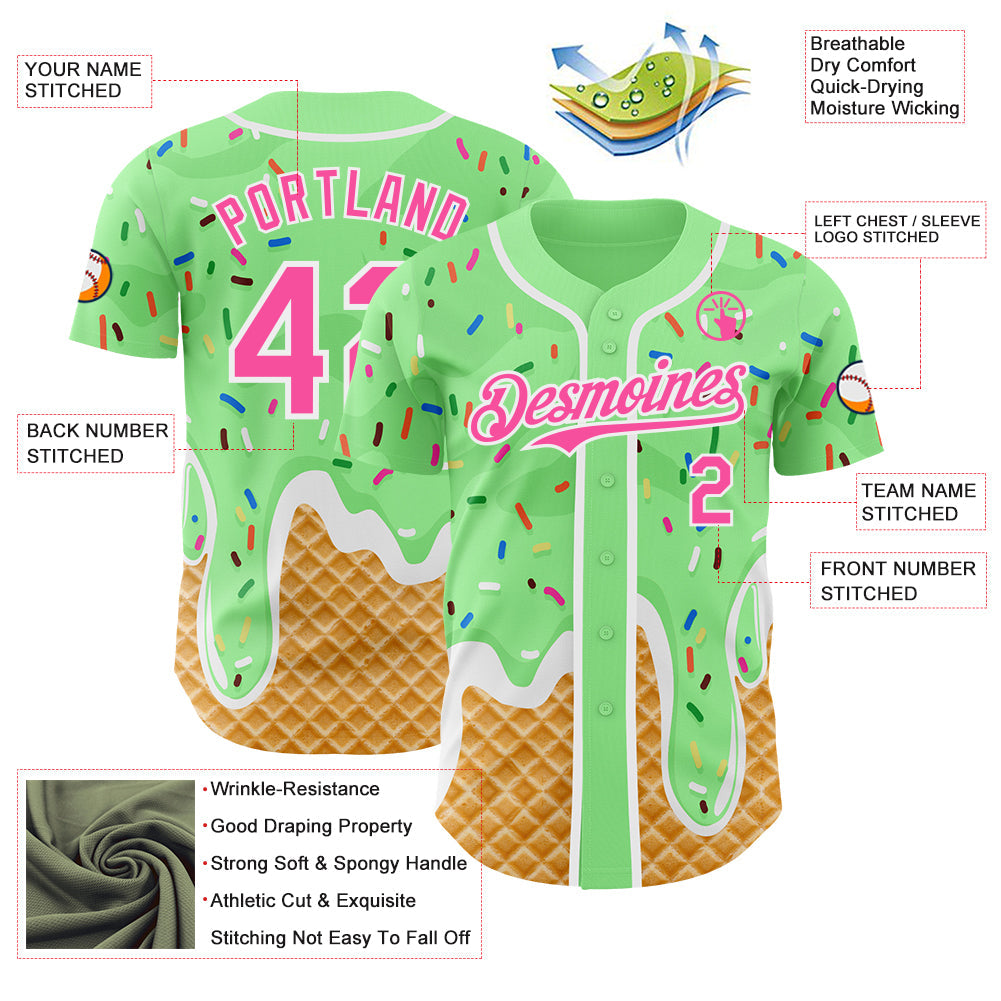 Custom Pea Green Pink-White Ice Cream Waffle Foodie Dessert Authentic Baseball Jersey view 3