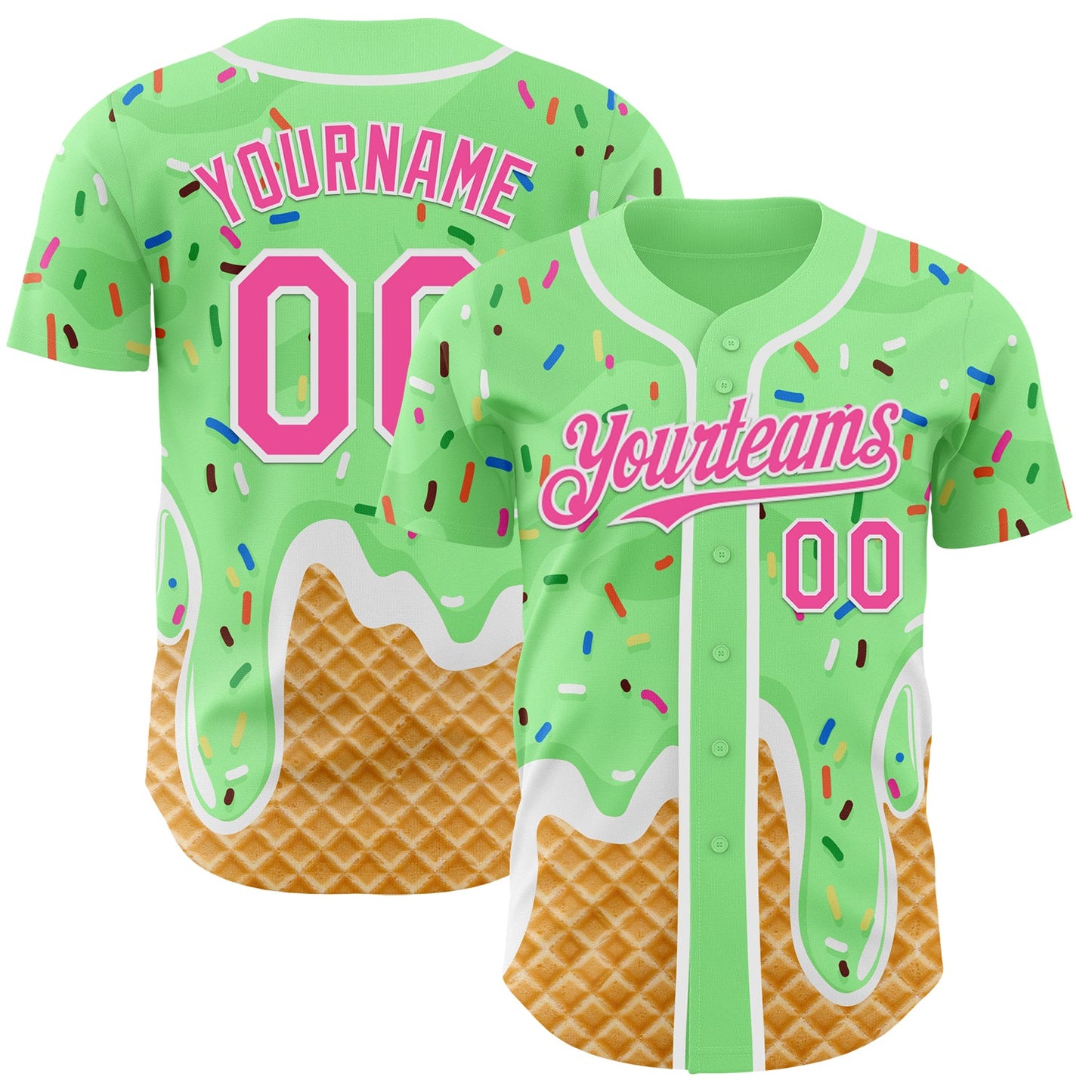 Custom Pea Green Pink-White Ice Cream Waffle Foodie Dessert Authentic Baseball Jersey - Main View