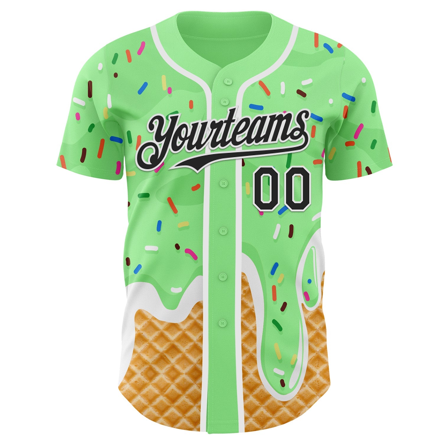 Custom Pea Green Black-White Ice Cream Waffle Foodie Dessert Authentic Baseball Jersey view 2