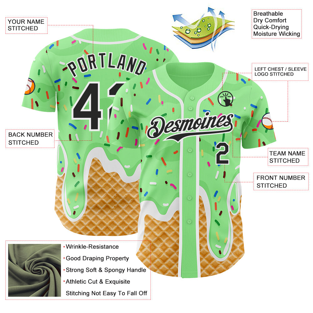 Custom Pea Green Black-White Ice Cream Waffle Foodie Dessert Authentic Baseball Jersey view 3