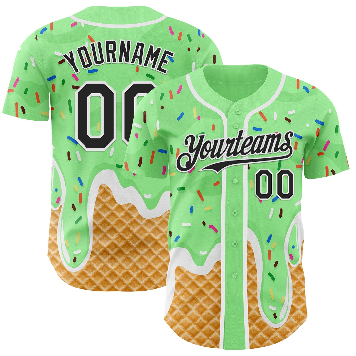 Custom Pea Green Black-White Ice Cream Waffle Foodie Dessert Authentic Baseball Jersey - Main View