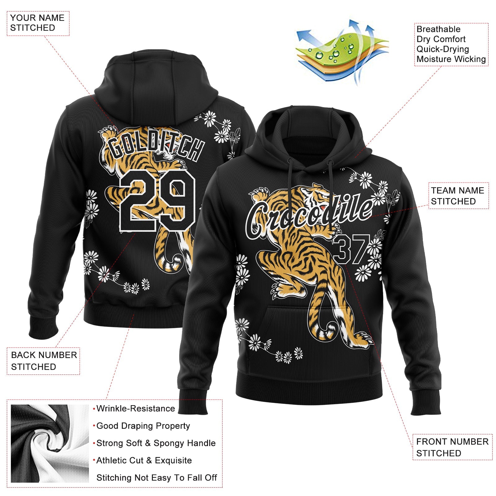 Custom Stitched Black White 3D Pattern Design Tiger And Daisy Sports Pullover Sweatshirt Hoodie view 2