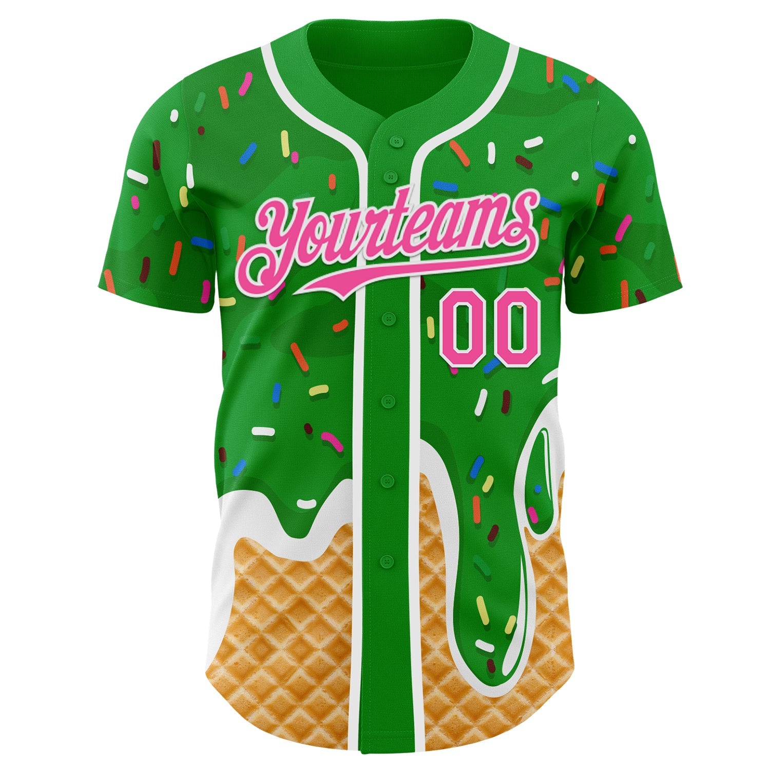 Custom Grass Green Pink-White Ice Cream Waffle Foodie Dessert Authentic Baseball Jersey view 2