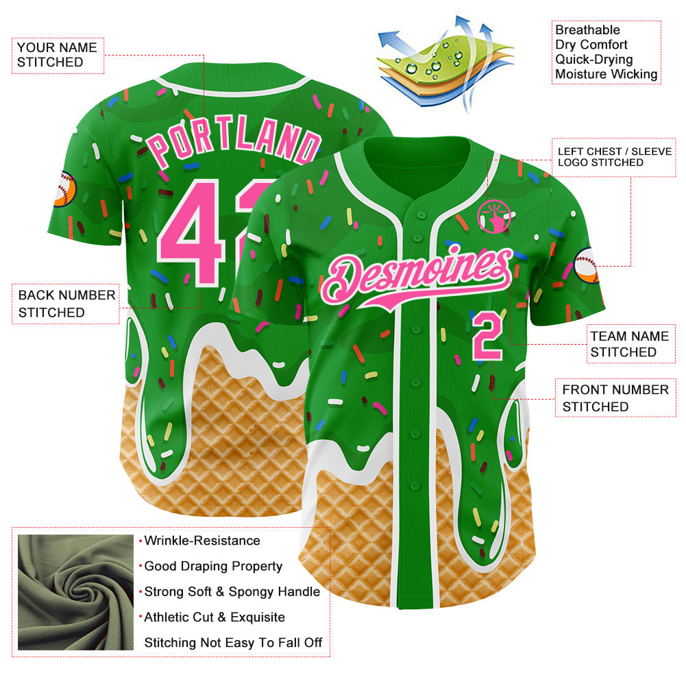 Custom Grass Green Pink-White Ice Cream Waffle Foodie Dessert Authentic Baseball Jersey view 3