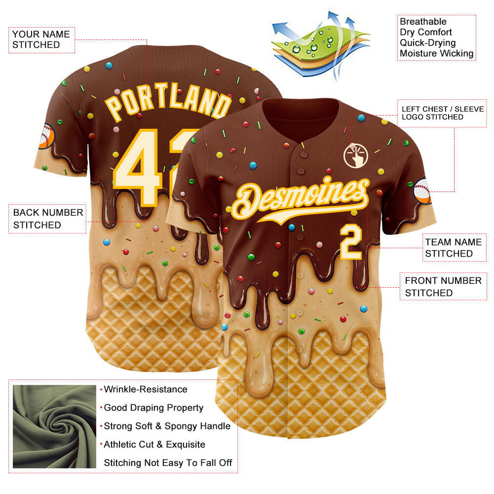 Custom Brown Cream-Gold Ice Cream Waffle Foodie Dessert Authentic Baseball Jersey view 4