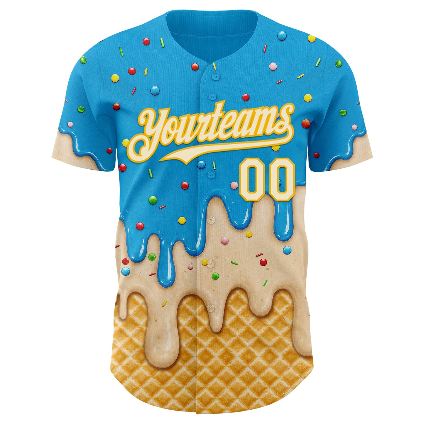 Custom Sky Blue Cream-Gold Ice Cream Waffle Foodie Dessert Authentic Baseball Jersey view 3