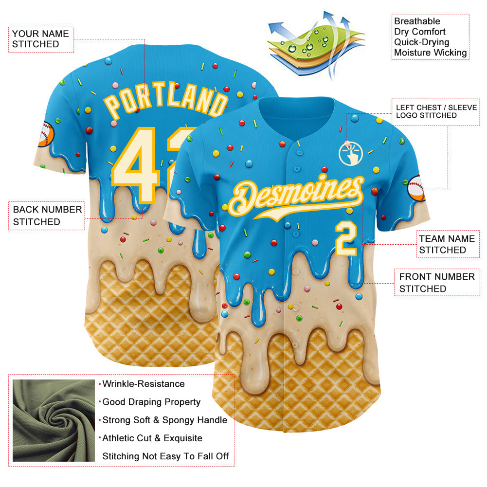 Custom Sky Blue Cream-Gold Ice Cream Waffle Foodie Dessert Authentic Baseball Jersey view 4