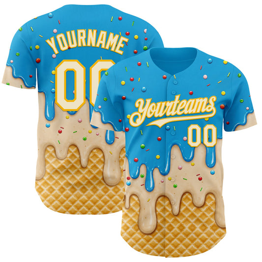Custom Sky Blue Cream-Gold Ice Cream Waffle Foodie Dessert Authentic Baseball Jersey - Main View