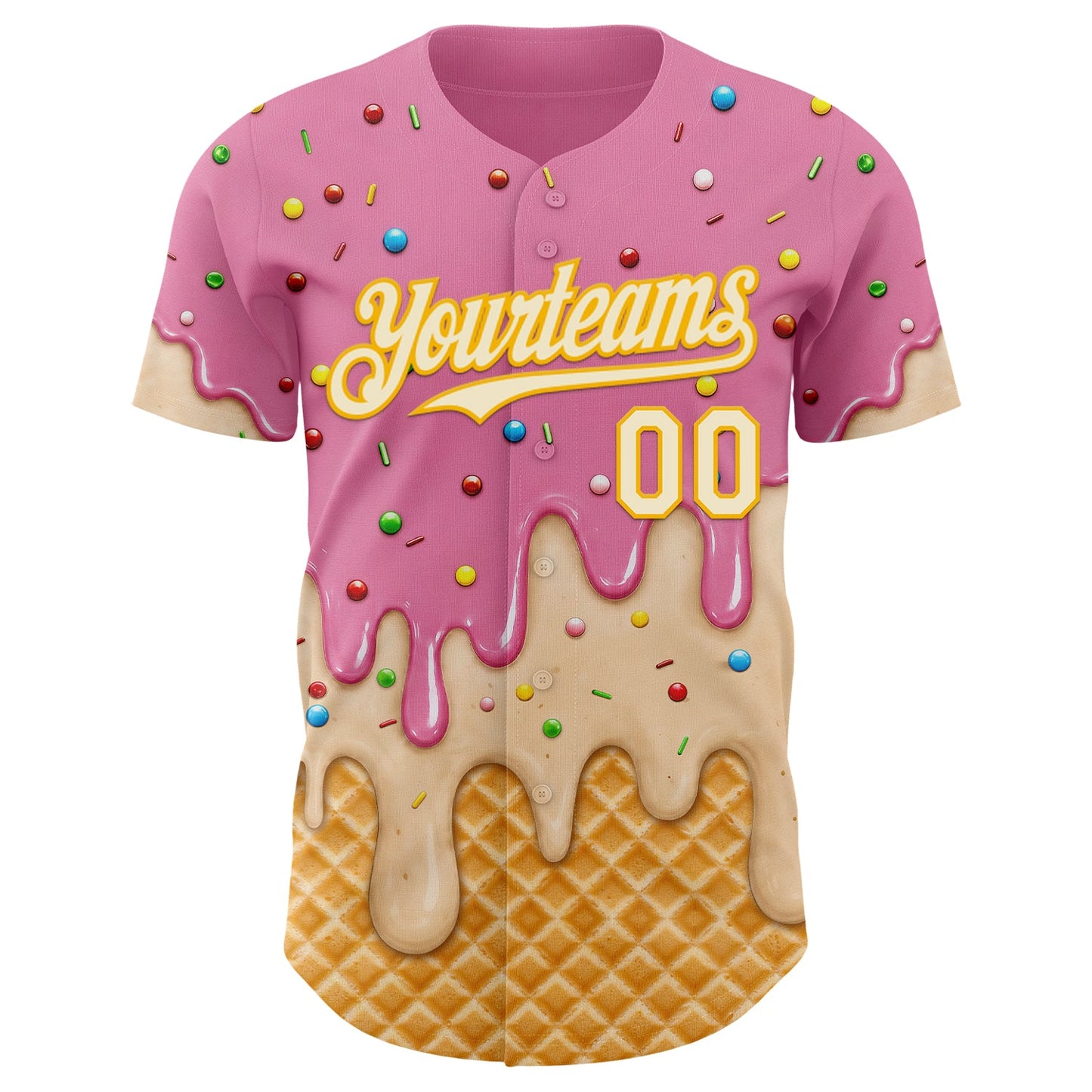 Custom Light Pink Cream-Gold Ice Cream Waffle Foodie Dessert Authentic Baseball Jersey view 3