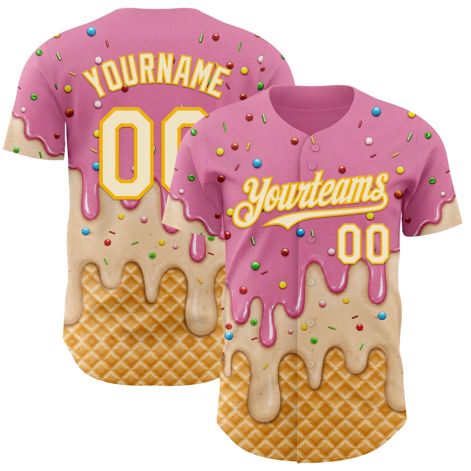 Custom Light Pink Cream-Gold Ice Cream Waffle Foodie Dessert Authentic Baseball Jersey - Main View