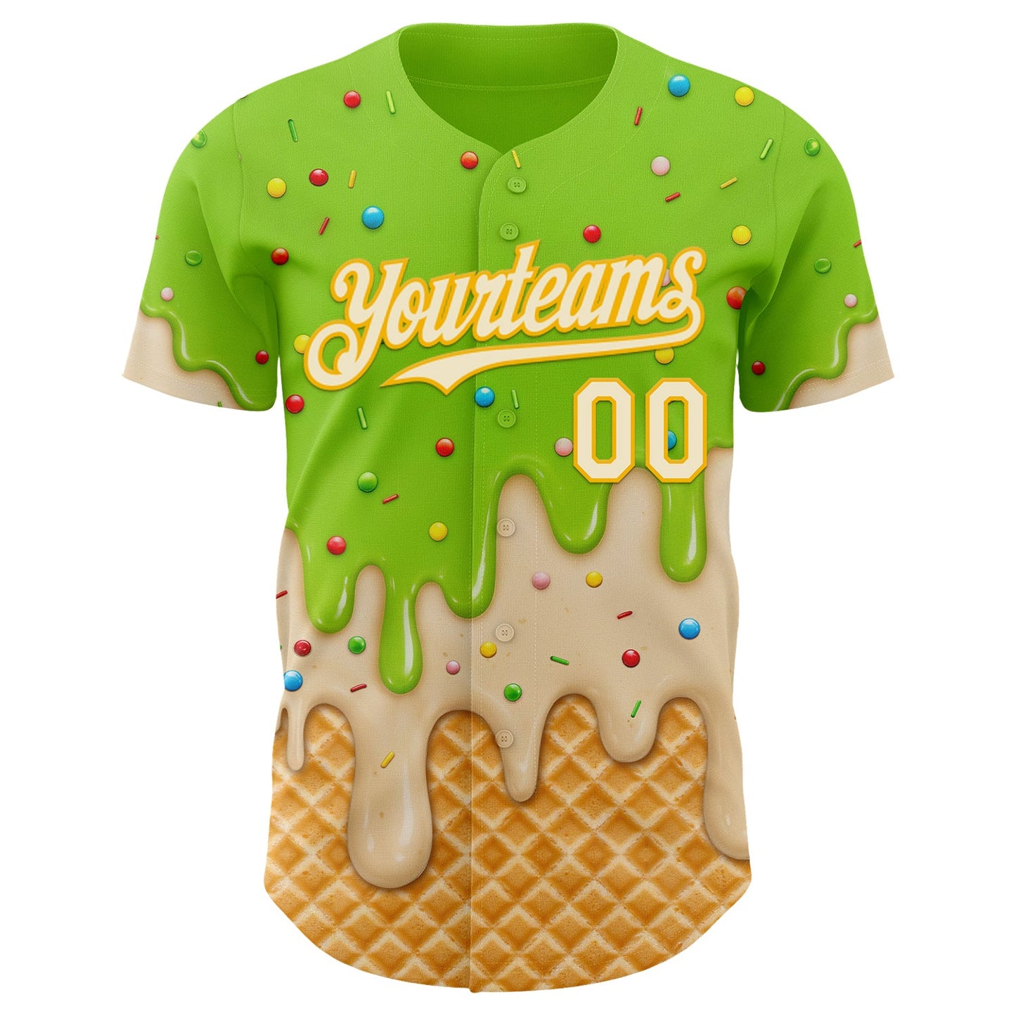 Custom Neon Green Cream-Gold Ice Cream Waffle Foodie Dessert Authentic Baseball Jersey view 3