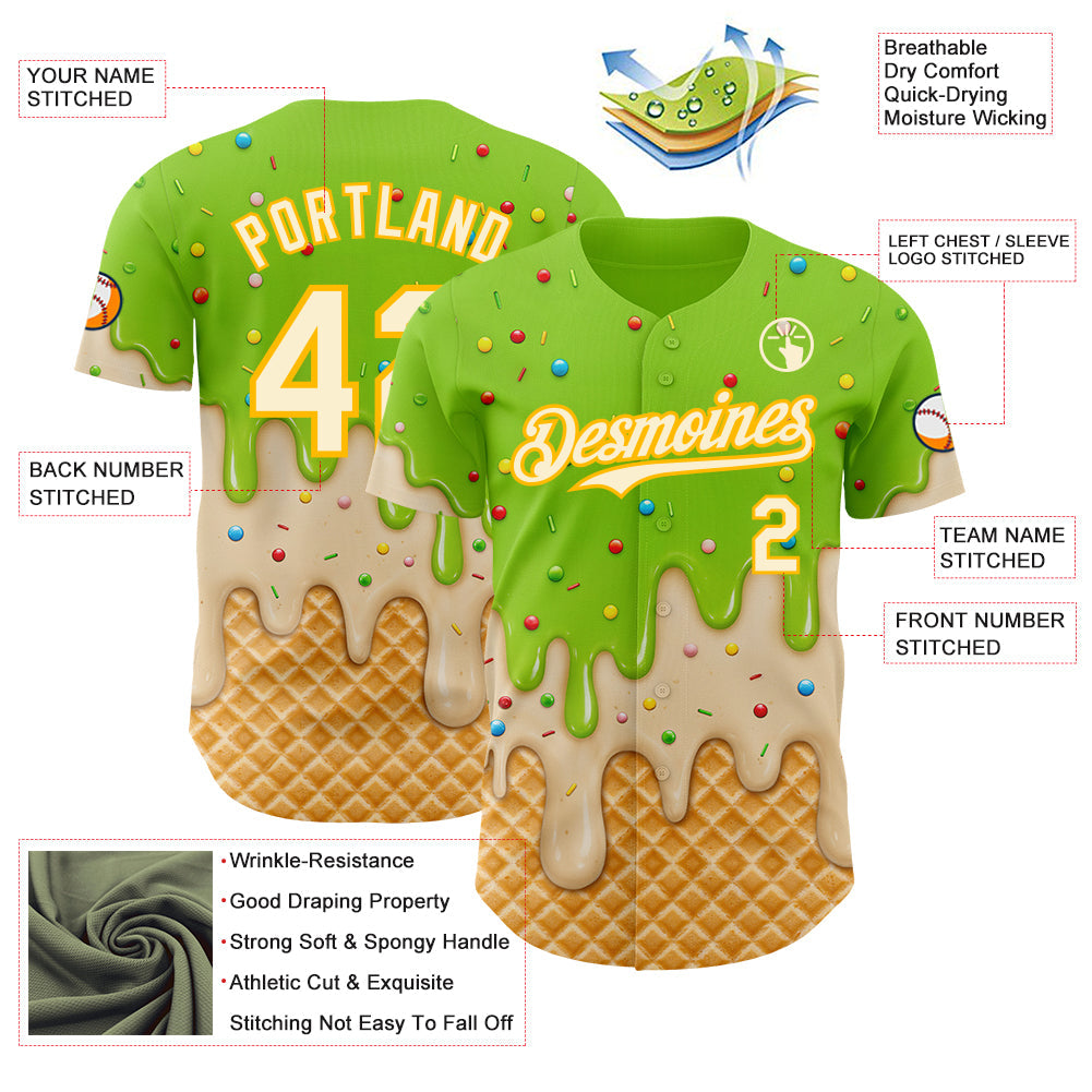 Custom Neon Green Cream-Gold Ice Cream Waffle Foodie Dessert Authentic Baseball Jersey view 4