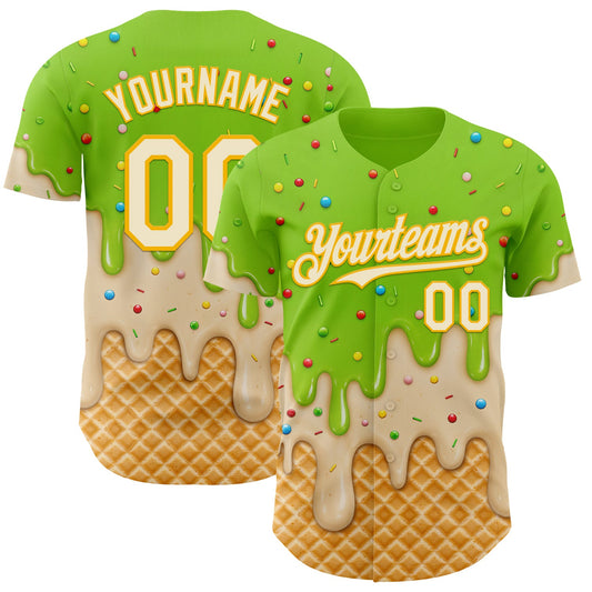 Custom Neon Green Cream-Gold Ice Cream Waffle Foodie Dessert Authentic Baseball Jersey - Main View