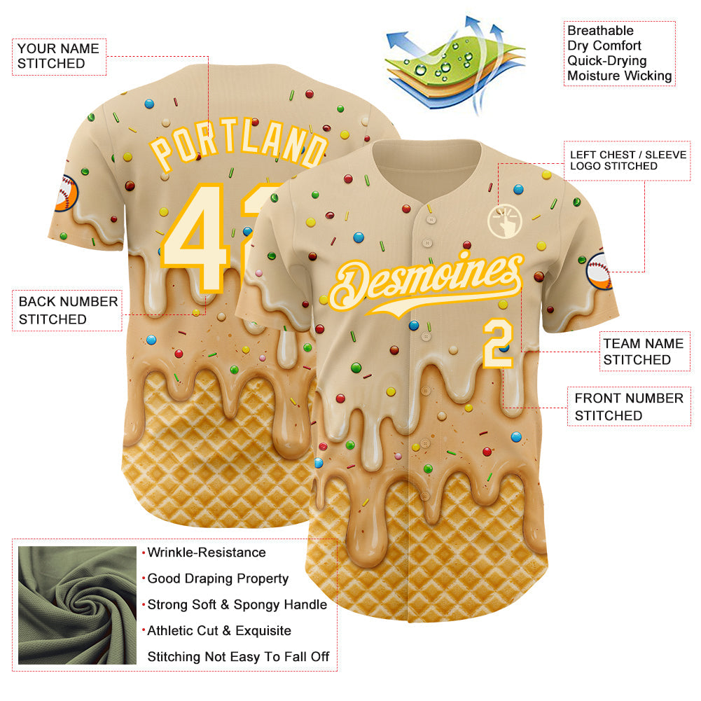 Custom Cream-Gold Ice Cream Waffle Foodie Dessert Authentic Baseball Jersey view 4