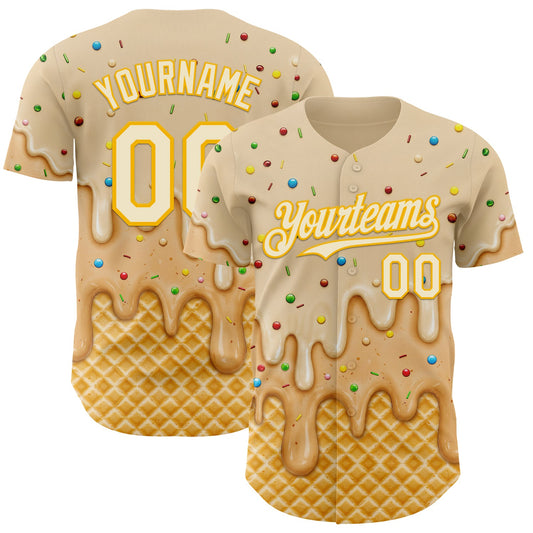 Custom Cream-Gold Ice Cream Waffle Foodie Dessert Authentic Baseball Jersey - Main View