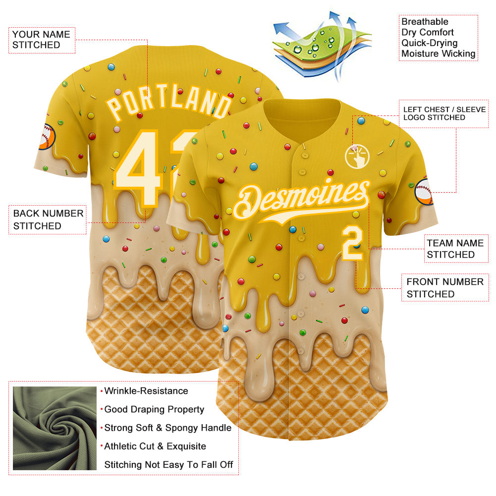 Custom Yellow Cream-Gold Ice Cream Waffle Foodie Dessert Authentic Baseball Jersey view 4