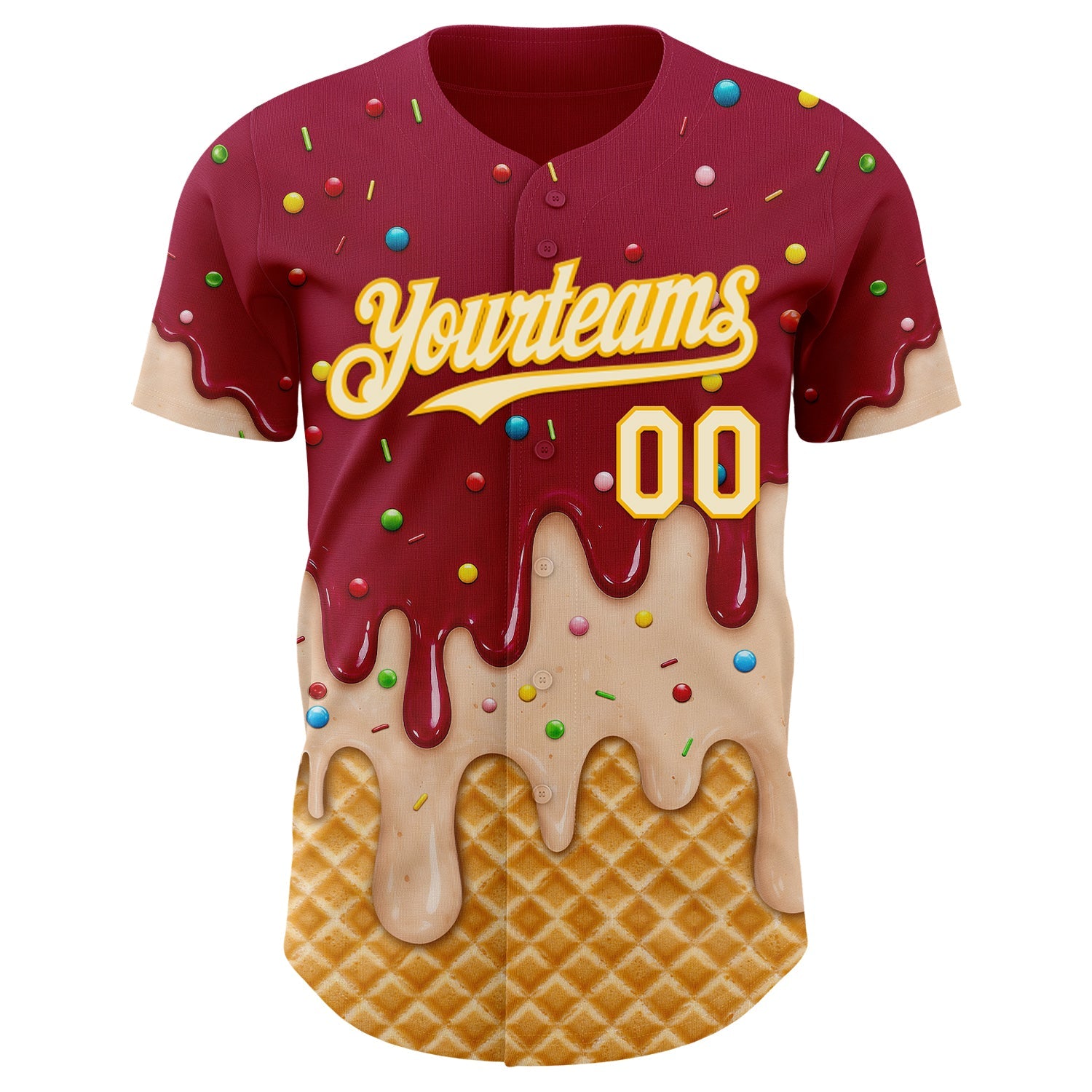 Custom Maroon Cream-Gold Ice Cream Waffle Foodie Dessert Authentic Baseball Jersey view 3