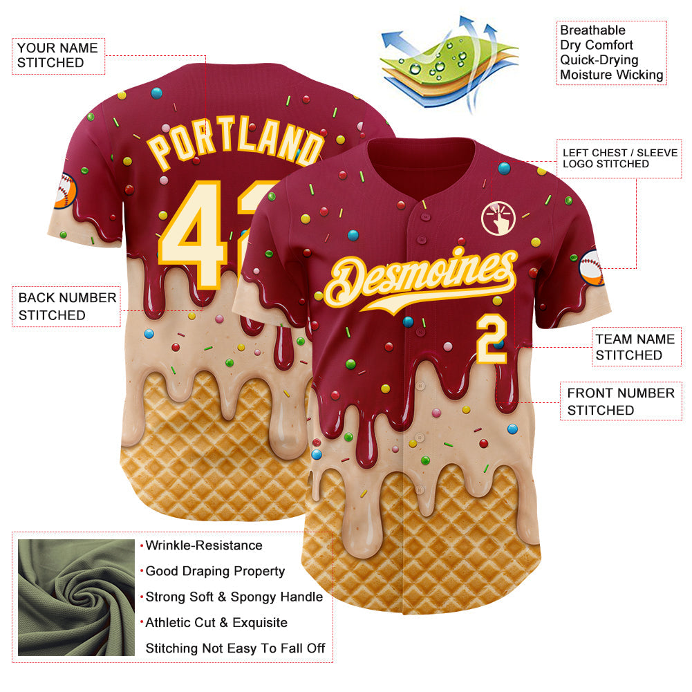 Custom Maroon Cream-Gold Ice Cream Waffle Foodie Dessert Authentic Baseball Jersey view 4