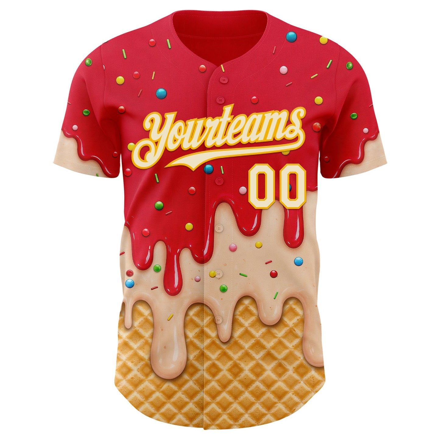 Custom Fire Red Cream-Gold Ice Cream Waffle Foodie Dessert Authentic Baseball Jersey view 3