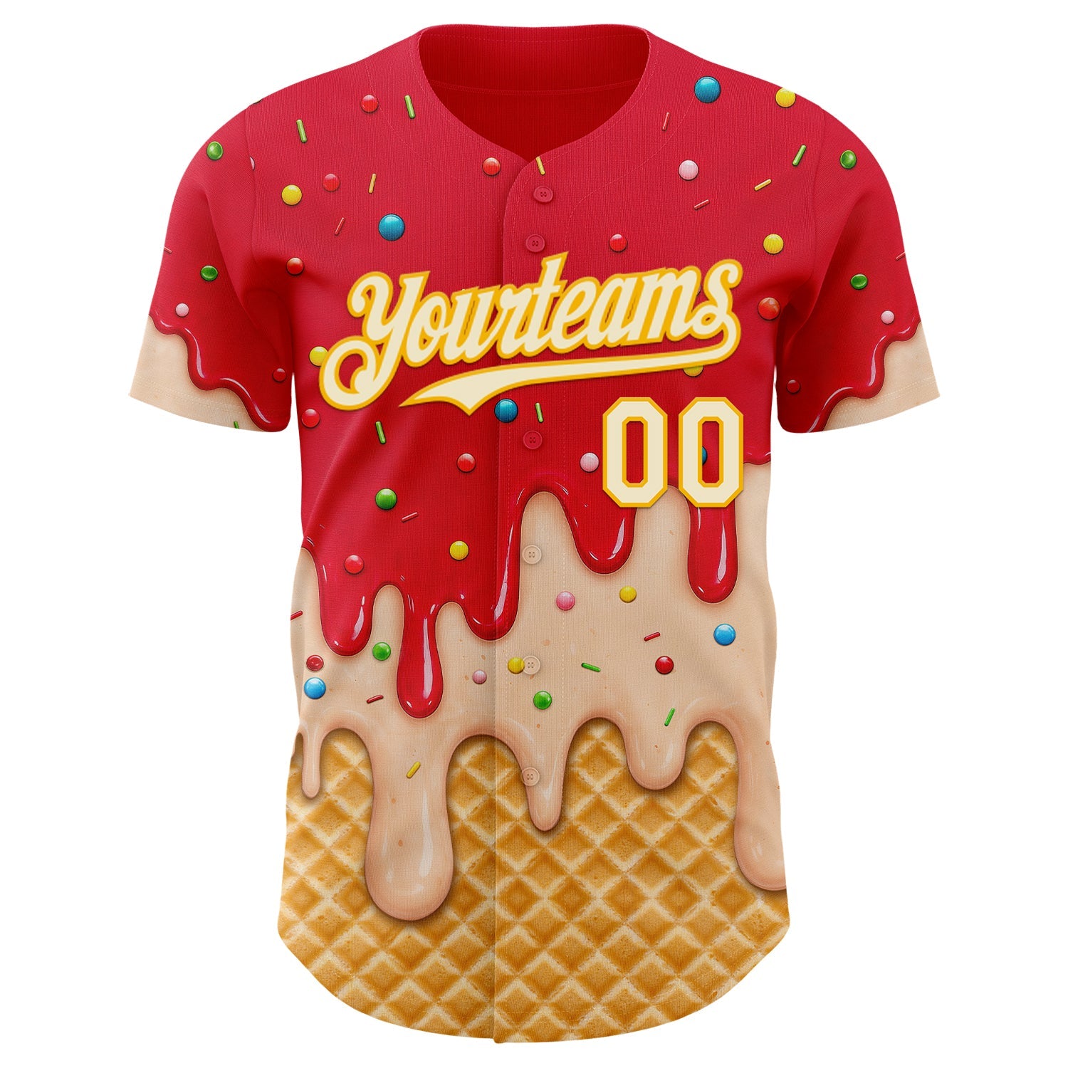 Custom Fire Red Cream-Gold Ice Cream Waffle Foodie Dessert Authentic Baseball Jersey view 3