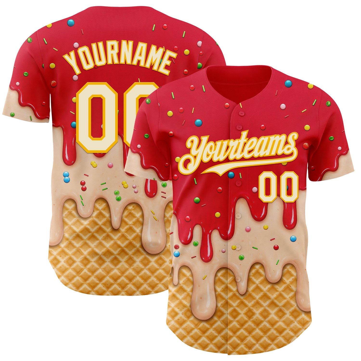 Custom Fire Red Cream-Gold Ice Cream Waffle Foodie Dessert Authentic Baseball Jersey - Main View