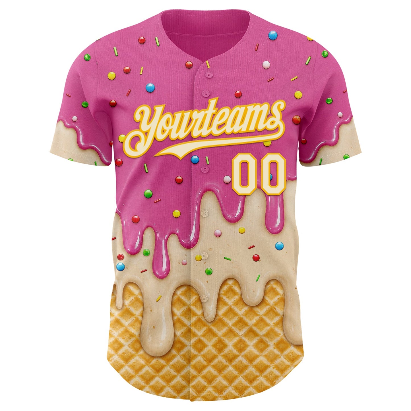 Custom Pink Cream-Gold Ice Cream Waffle Foodie Dessert Authentic Baseball Jersey view 3