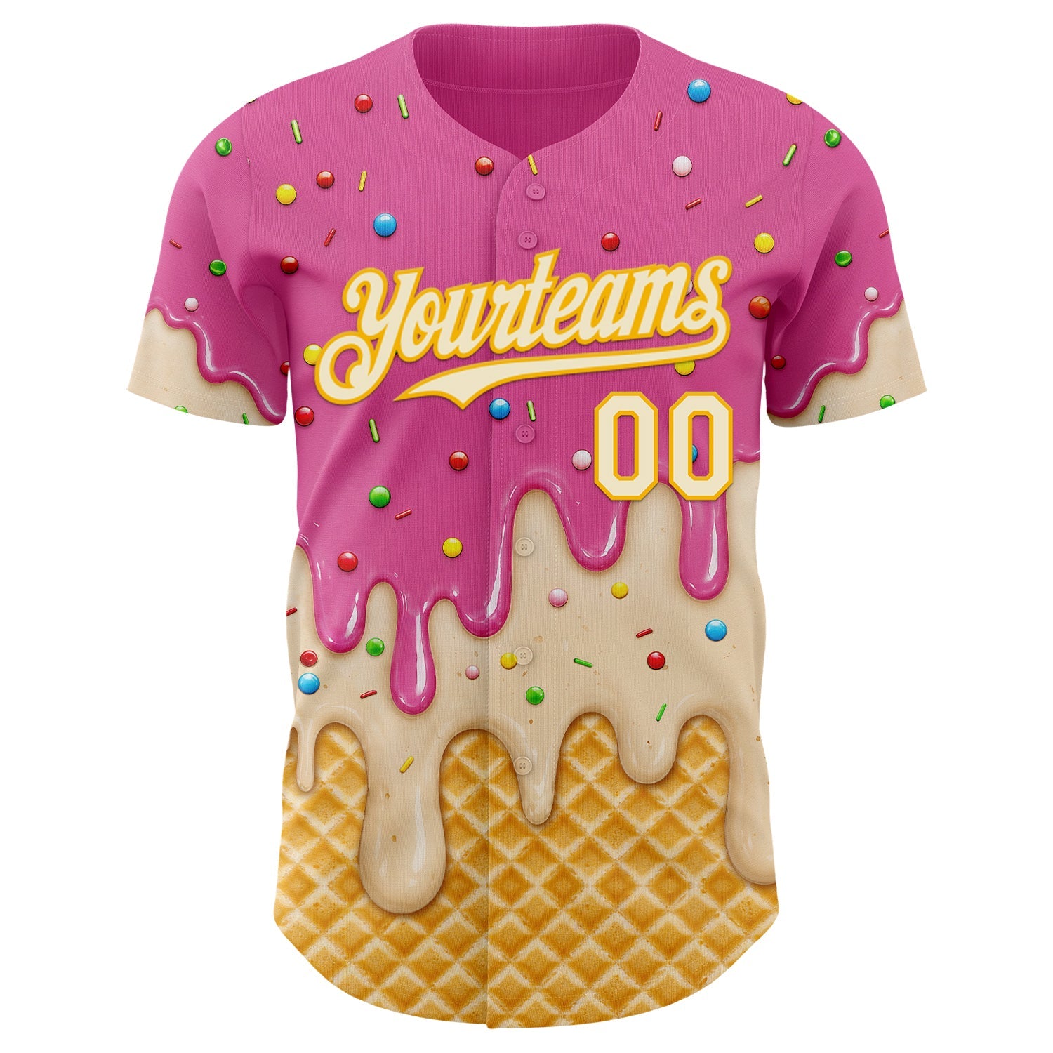 Custom Pink Cream-Gold Ice Cream Waffle Foodie Dessert Authentic Baseball Jersey view 3