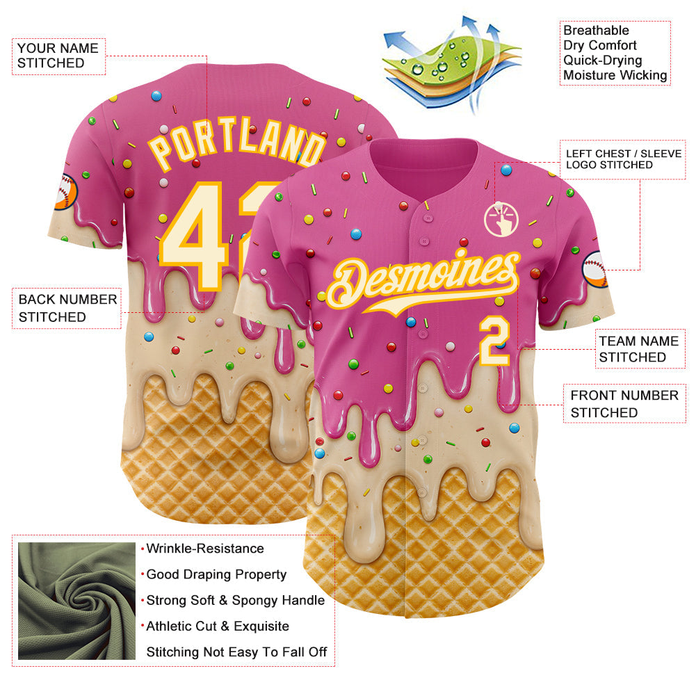 Custom Pink Cream-Gold Ice Cream Waffle Foodie Dessert Authentic Baseball Jersey view 4