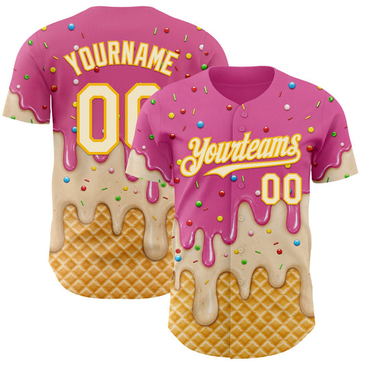 Custom Pink Cream-Gold Ice Cream Waffle Foodie Dessert Authentic Baseball Jersey - Main View