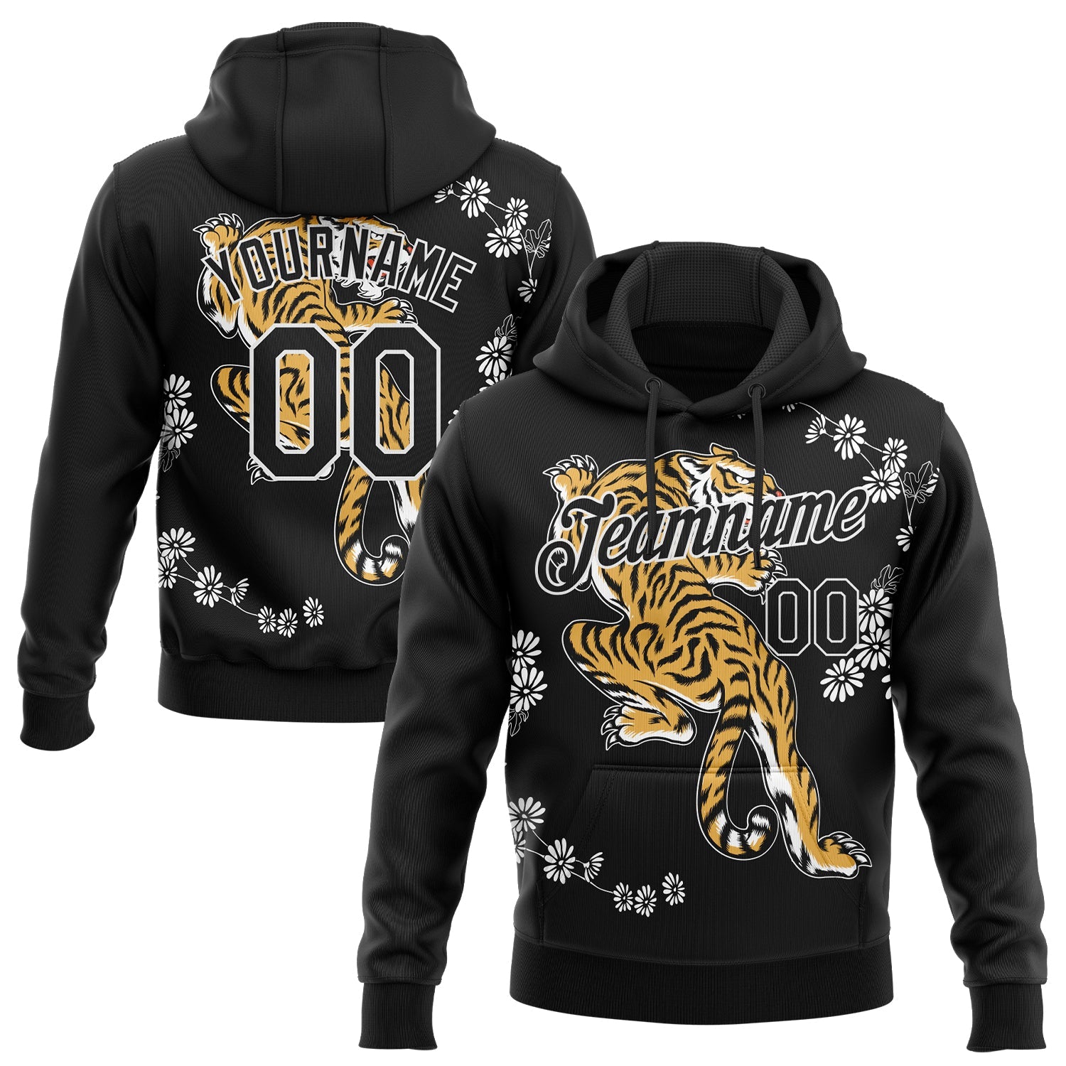 Custom Stitched Black White 3D Pattern Design Tiger And Daisy Sports Pullover Sweatshirt Hoodie - Main View