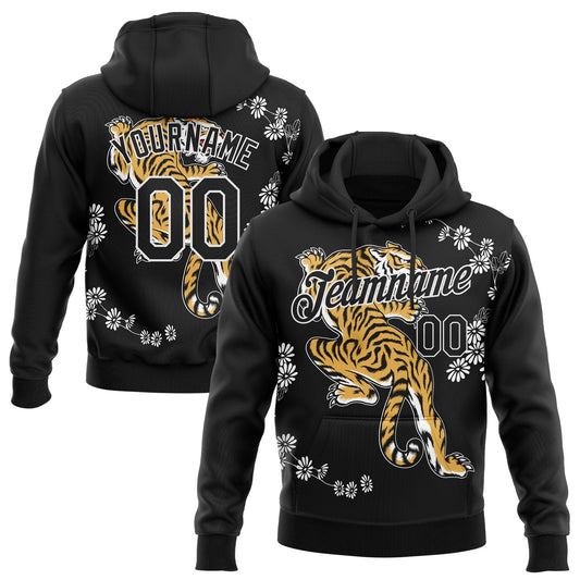 Custom Stitched Black White 3D Pattern Design Tiger And Daisy Sports Pullover Sweatshirt Hoodie - Main View