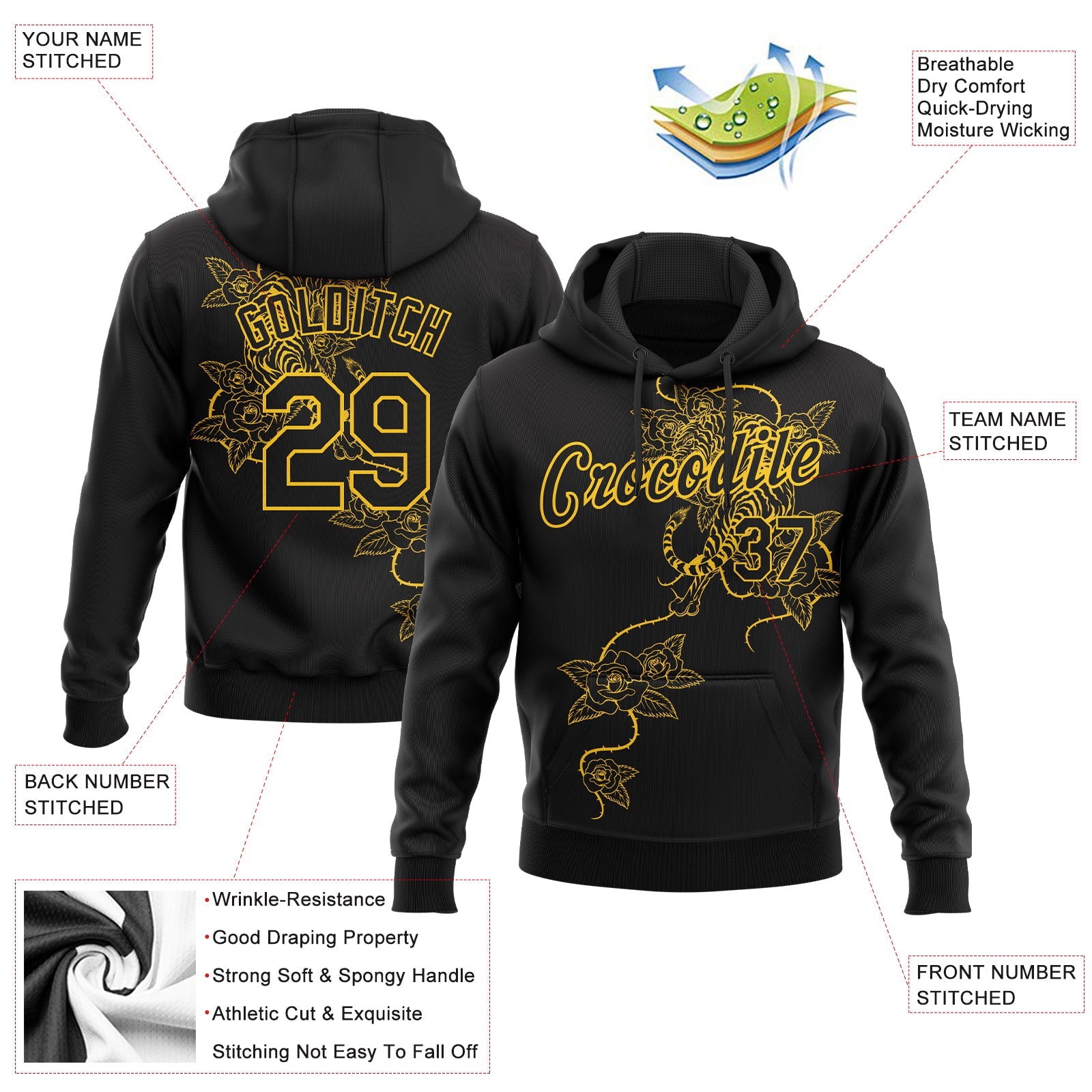 Custom Stitched Black Yellow 3D Pattern Design Tiger And Flower Sports Pullover Sweatshirt Hoodie view 2