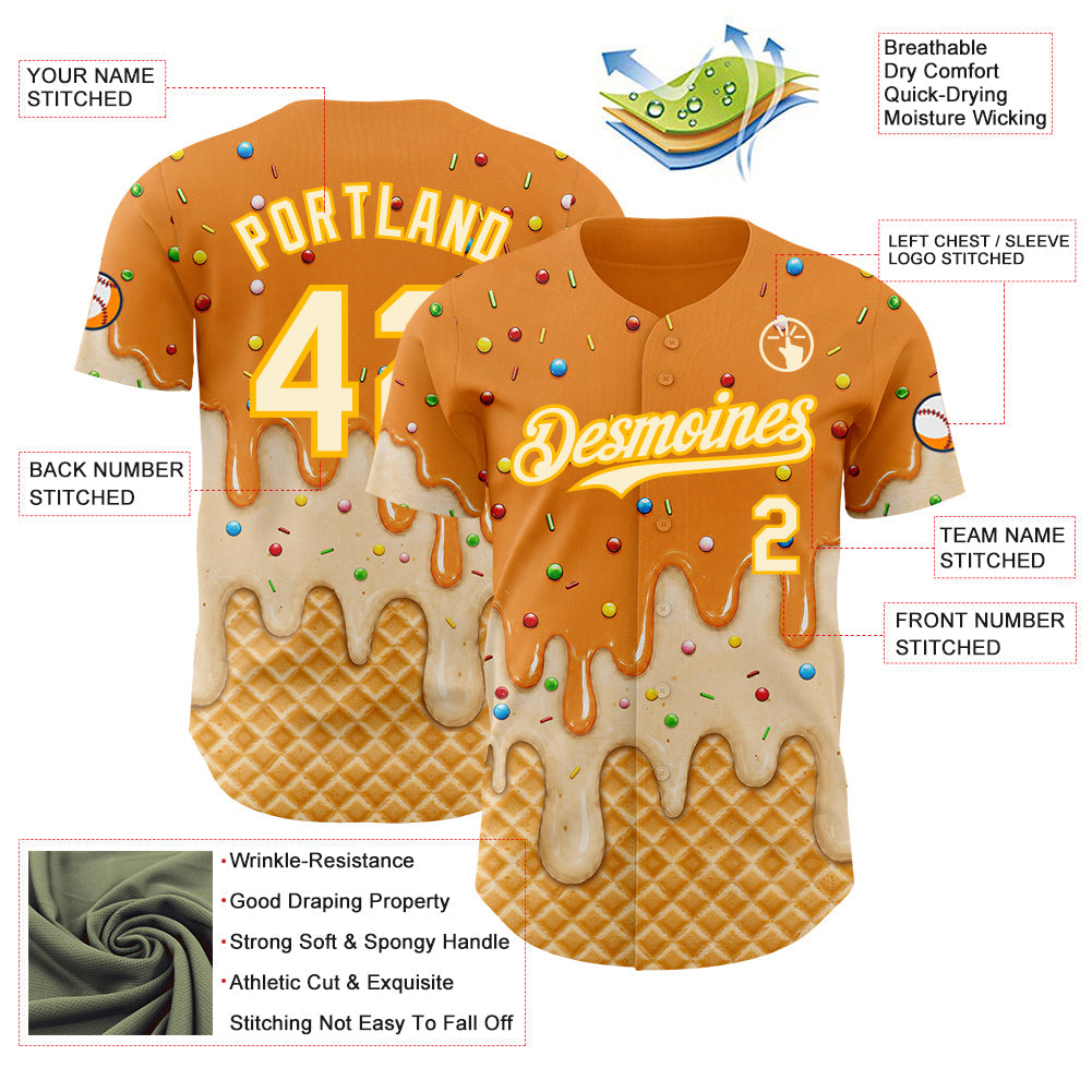 Custom Bay Orange Cream-Gold Ice Cream Waffle Foodie Dessert Authentic Baseball Jersey view 4