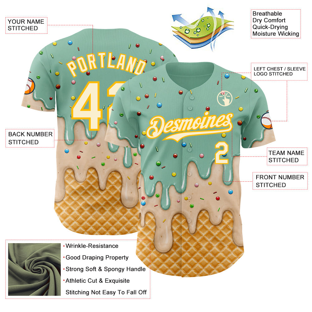 Custom Ice Blue Cream-Gold Ice Cream Waffle Foodie Dessert Authentic Baseball Jersey view 4