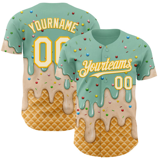 Custom Ice Blue Cream-Gold Ice Cream Waffle Foodie Dessert Authentic Baseball Jersey - Main View