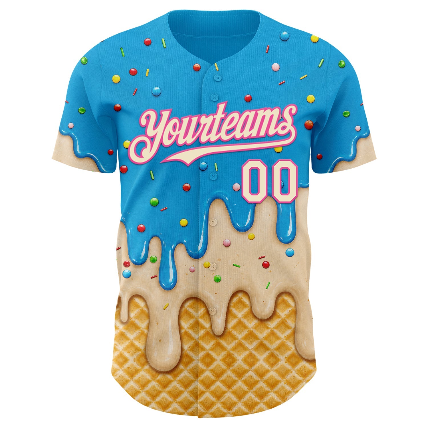 Custom Sky Blue Cream-Pink Ice Cream Waffle Foodie Dessert Authentic Baseball Jersey view 3
