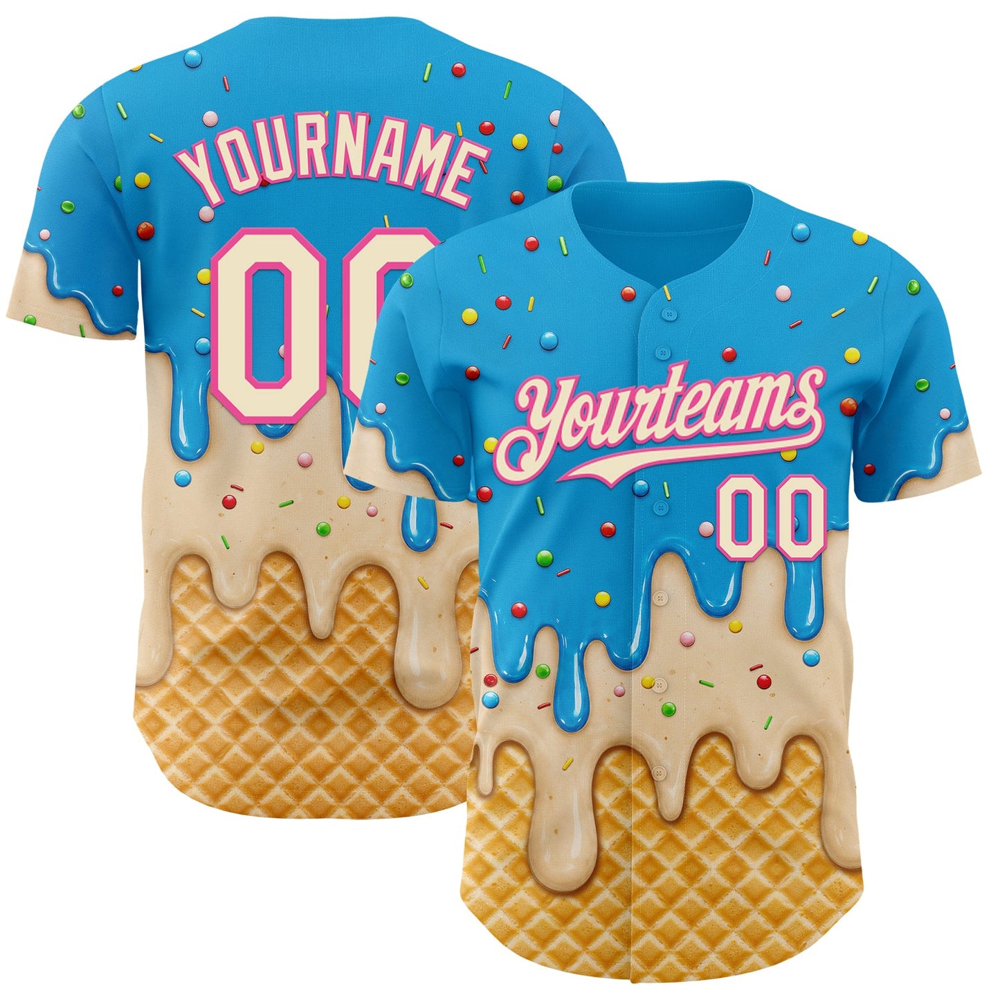 Custom Sky Blue Cream-Pink Ice Cream Waffle Foodie Dessert Authentic Baseball Jersey - Main View