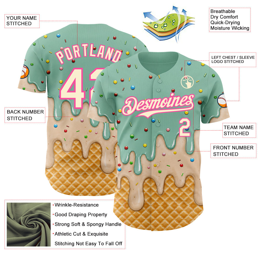 Custom Ice Blue Cream-Pink Ice Cream Waffle Foodie Dessert Authentic Baseball Jersey view 4