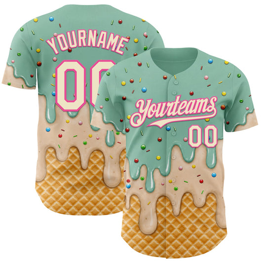 Custom Ice Blue Cream-Pink Ice Cream Waffle Foodie Dessert Authentic Baseball Jersey - Main View