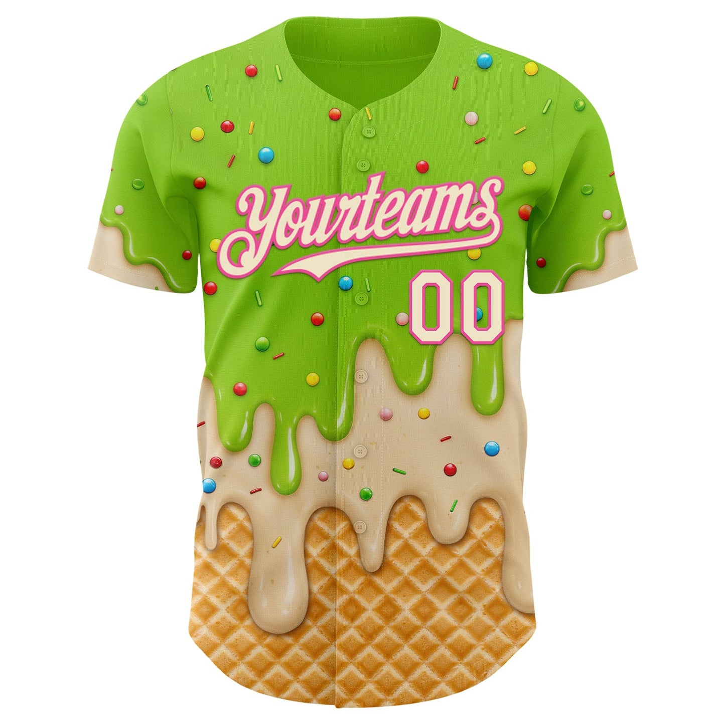Custom Neon Green Cream-Pink Ice Cream Waffle Foodie Dessert Authentic Baseball Jersey view 3