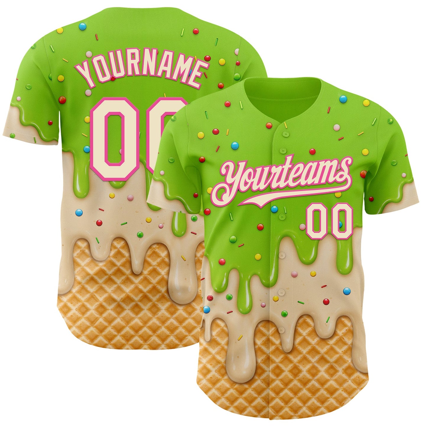 Custom Neon Green Cream-Pink Ice Cream Waffle Foodie Dessert Authentic Baseball Jersey - Main View
