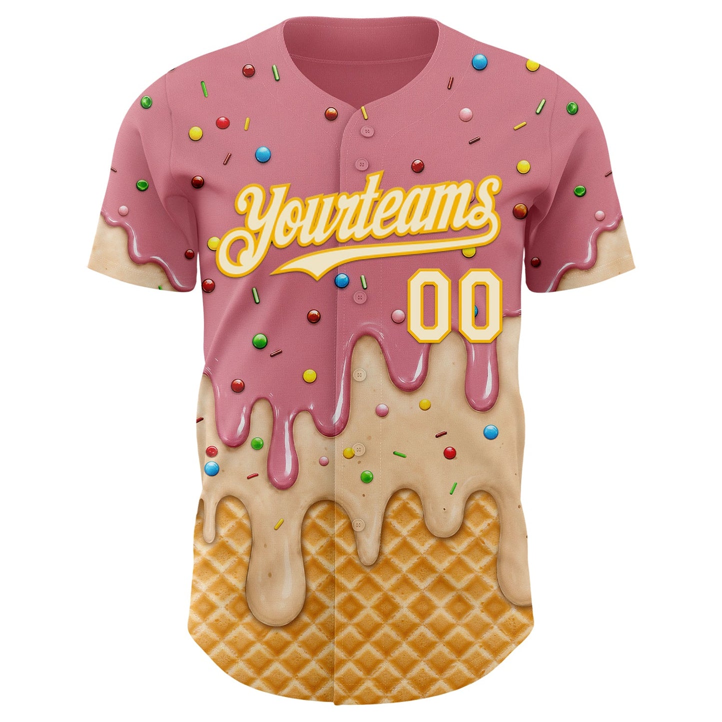 Custom Medium Pink Cream-Gold Ice Cream Waffle Foodie Dessert Authentic Baseball Jersey view 3