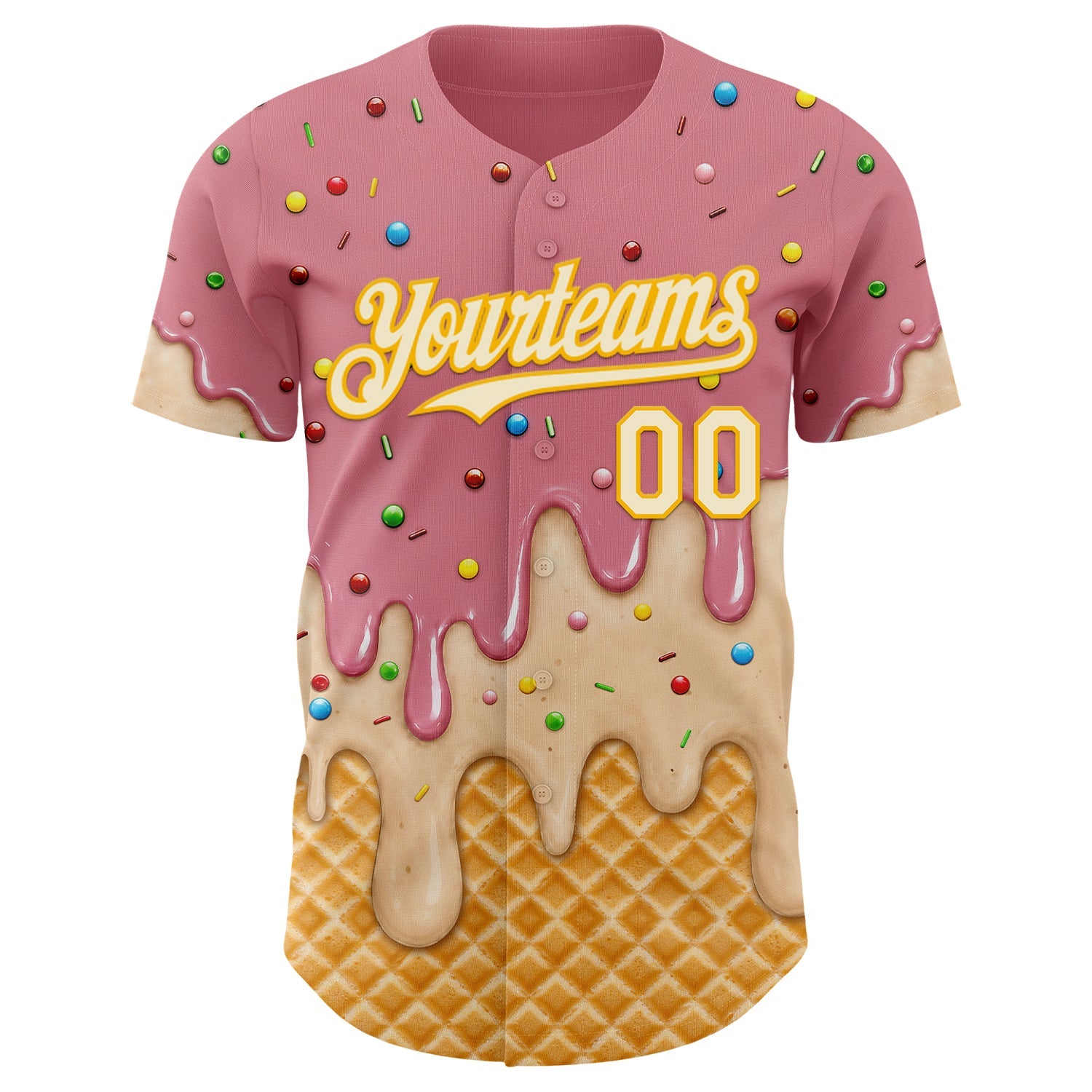 Custom Medium Pink Cream-Gold Ice Cream Waffle Foodie Dessert Authentic Baseball Jersey view 3