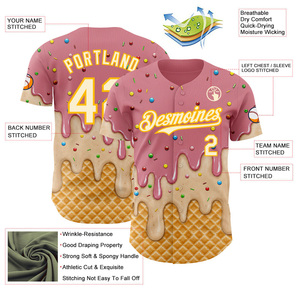 Custom Medium Pink Cream-Gold Ice Cream Waffle Foodie Dessert Authentic Baseball Jersey view 4