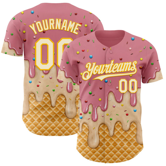Custom Medium Pink Cream-Gold Ice Cream Waffle Foodie Dessert Authentic Baseball Jersey - Main View